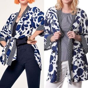 CAbi Blue and White Botanical Kimono Open Front Cardigan